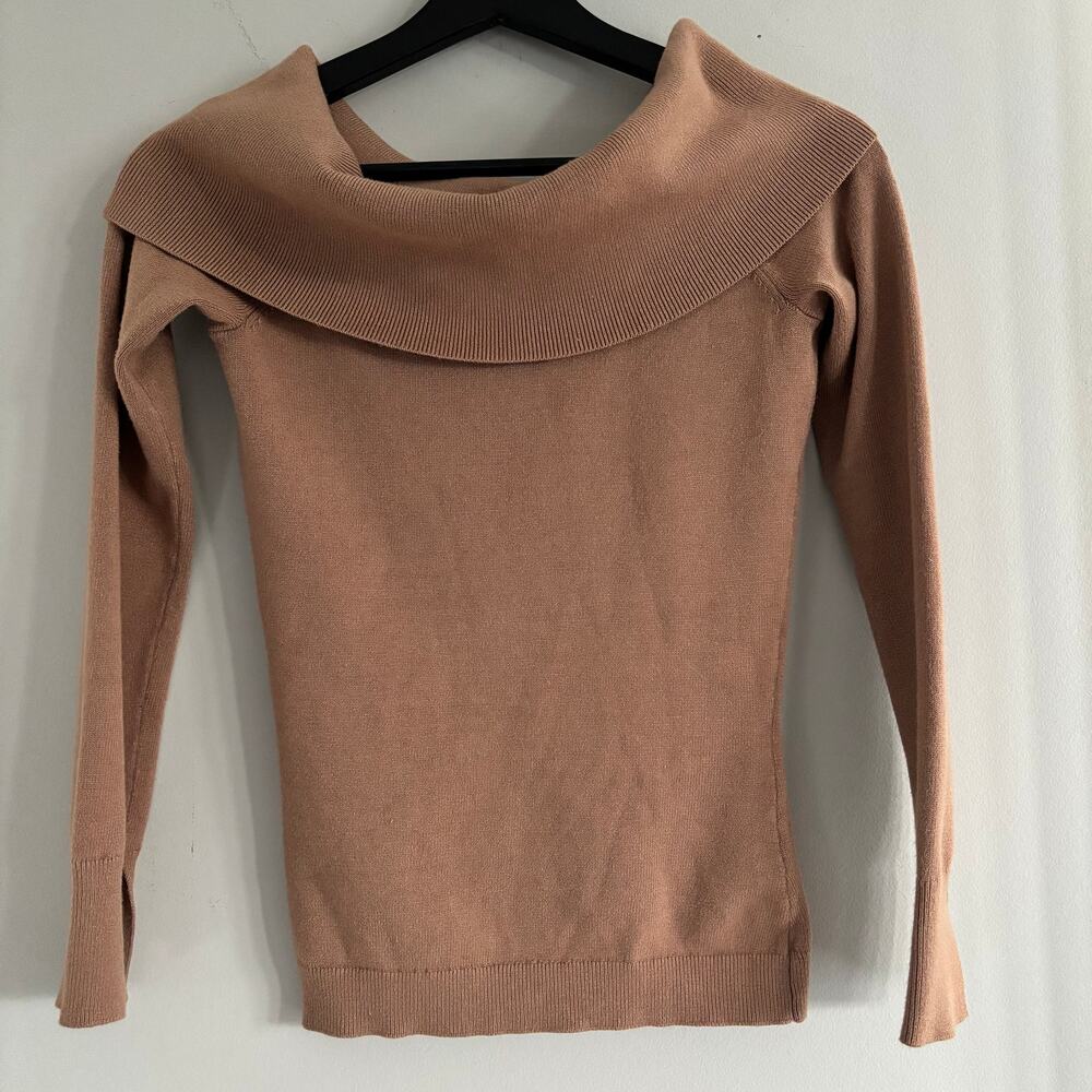 BCBG MAX AZRIA Off the Shoulder Sweater Fold Over Size Small Tan Brown - Picture 2 of 6